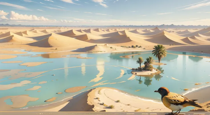 Endless desert，（There is water in the middle of the desert，Small lake，Close-up），The lake is surrounded by desert，There are two palm trees by the lake，There are two birds on the surface of the lake，The desert is filled with hot air，There is a cloud，The sun ...