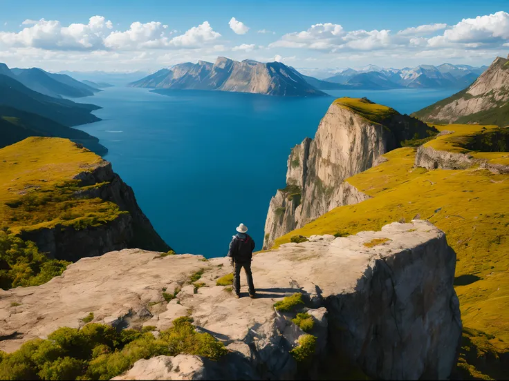 A man stands on a cliff with stunning scenery