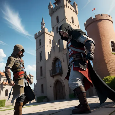 Castle facades，(Assassin Ezio fights an assassin in black），Clear sky，high qulity