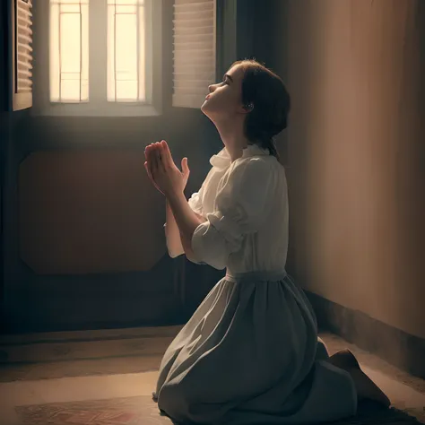 There is a young woman kneeling on the ground praying, kneeling in prayer, praying, praying posture, Filme ainda de Emma Watson, doing a prayer, Prayer, Filme ainda de Emma Watson, orar meditando, Directed by: Emma Andijewska, Morning light, inspirado em A...