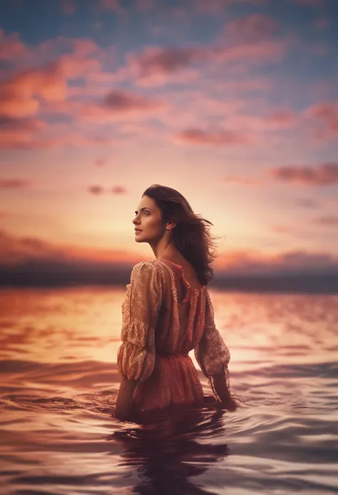 Cinematic still, romantic,
eye-level shot, woman, smiling, laid down in the water,
warm color pallete --ar 16:9