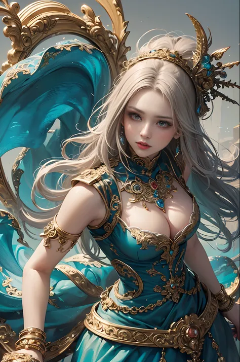 (masterpiece, top quality, best quality, official art, beautiful and aesthetic:1.2), (1 fantasy girl), long shapeless hair, extremely detailed, ornate jewellery, fantastical background, dynamic pose, (fractal art:1.3),colorful,highest detail.