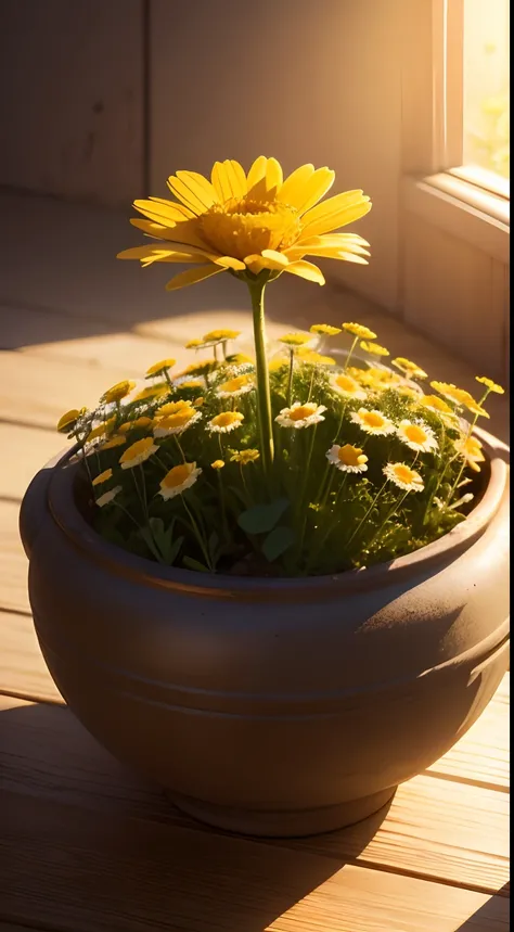 flower, camomile, plant, Medicinal herb, Nature, rendering, Photorealistic, Ultra HD, 4K, Detailed textures, Detailed colors, Realistic shadows, Detailed shadows, Detailed textures, Sunset,