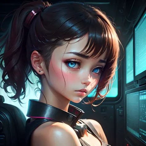 Cyborg Girl Aesthetic Anime Sad Girl of Japan, Black background, Facing Camera, Sad atmosphere,  Hi-Tech,