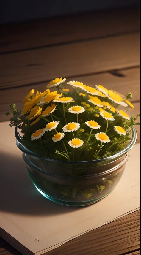 flower, camomile, plant, Medicinal herb, Nature, rendering, Photorealistic, Ultra HD, 4K, Detailed textures, Detailed colors, Realistic shadows, Detailed shadows, Detailed textures, Sunset,