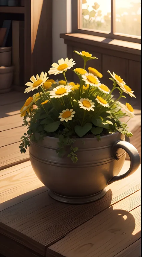 flower, camomile, plant, Medicinal herb, Nature, rendering, Photorealistic, Ultra HD, 4K, Detailed textures, Detailed colors, Realistic shadows, Detailed shadows, Detailed textures, Sunset,