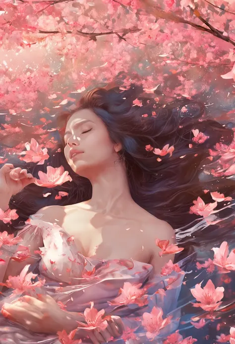 Kinematic image, Romantique, Prise de vue au niveau des yeux, woman lying in water with cherry blossoms around her face, Souriante, palette de couleurs chaudes --ar 16:9