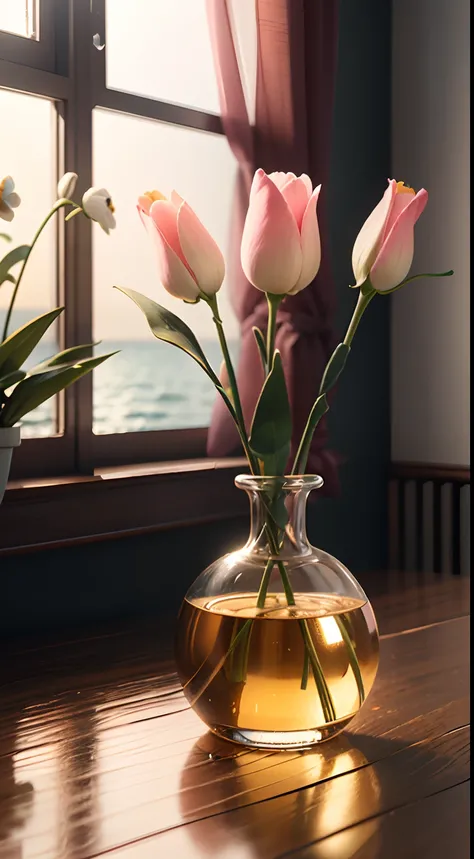 Seaside window view，Ocean-like perfume interior，Translucent melts，Transparent glass material，Clean and transparent，ultra-realistic realism，luxury goods，Noble，femminine，designer touch，Contour light，Medium view，Butterflies，An environment where flower petals ...