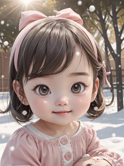 Best quality at best，1girll， a baby face，Pink clothes， ssmile， adolable， C4D，This cute baby face appears on a young girl。Her face is petite and delicate，It reveals an atmosphere of youth and innocence。Her complexion was as white as snow，It appears pure and...