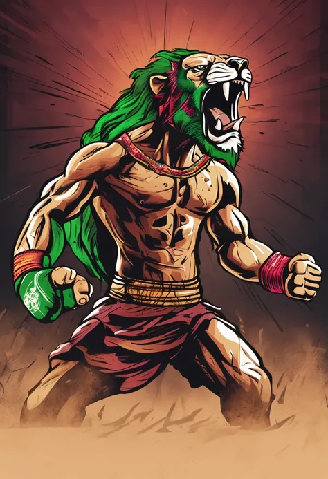 "lion muay thai fighter hand-drawn, removing a wooden spear from his back, in a gloomy setting with green lights, corpo completo, action scene, lion warrior"