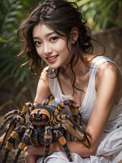 Staring at a tarantula、Delighted、Smiling、Best Beautiful Girl、Neat face、eyes large、二重まぶた、delighted expression、bright expression、