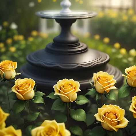 Gorgeous yellow roses in a gorgeous garden, with dew drops, soft cinematic background slightly blurred, masterpiece, best quality, 4k, HD