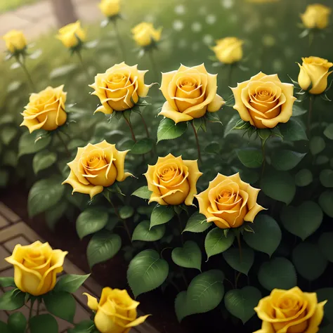 Gorgeous yellow roses in a gorgeous garden, with dew drops, soft cinematic background slightly blurred, masterpiece, best quality, 4k, HD