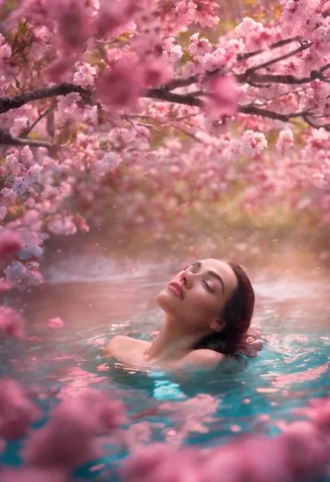 Kinematic image, Romantique,eye-level shot, woman lying in the water, fleurs de cerisier autour du visage, souriante, palette de couleurs chaudes --ar 16:9