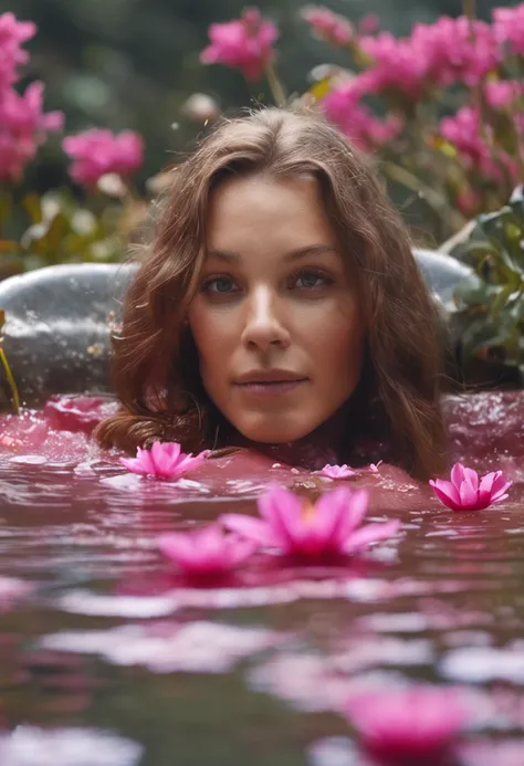 Kinematic image, Romantique,eye-level shot, woman lying in the water, fleurs de cerisier autour du visage, souriante, palette de couleurs chaudes --ar 16:9