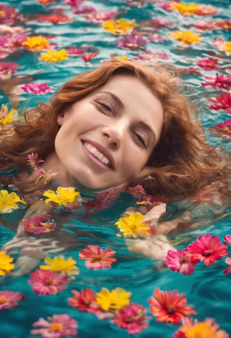 Kinematic image, Romantique,eye-level shot, woman lying in the water, fleurs de cerisier autour du visage, souriante, palette de couleurs chaudes --ar 16:9