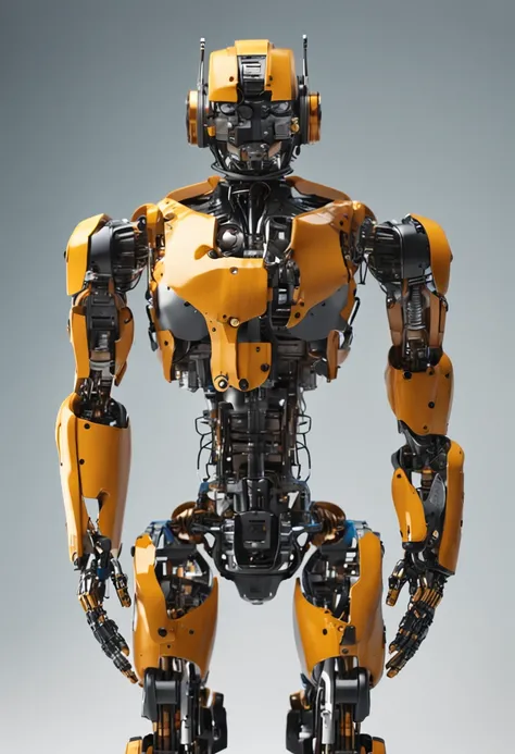 create the figure of a full-body Robot, artificial intelligence, cor dourada e preto, arms and legs, no background