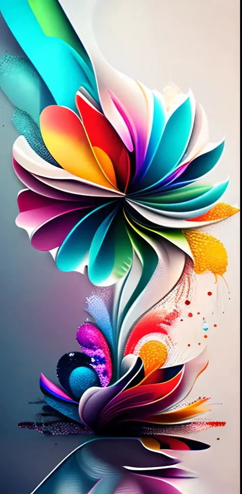 Abstract rainbow flower，the wallpaper，Graphic design style，Splattering water，extremely colorful，iintricate