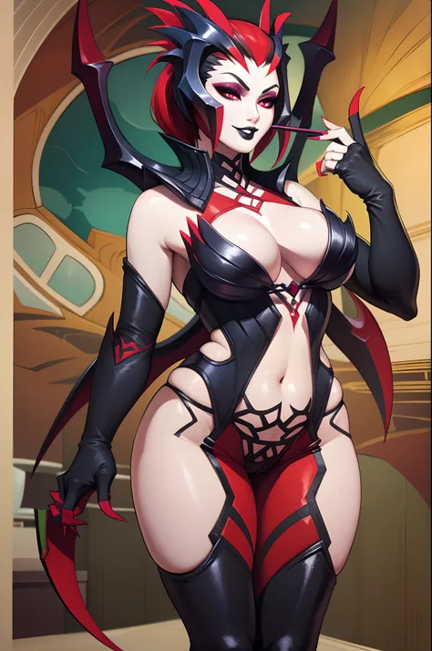 masterpiece, best quality, 1girl, elise, spidergirl, red eyes, large breasts, cleavage, black lips, makeup, eyeshadow, full body, standing, flipflops,smile, possing kungfu