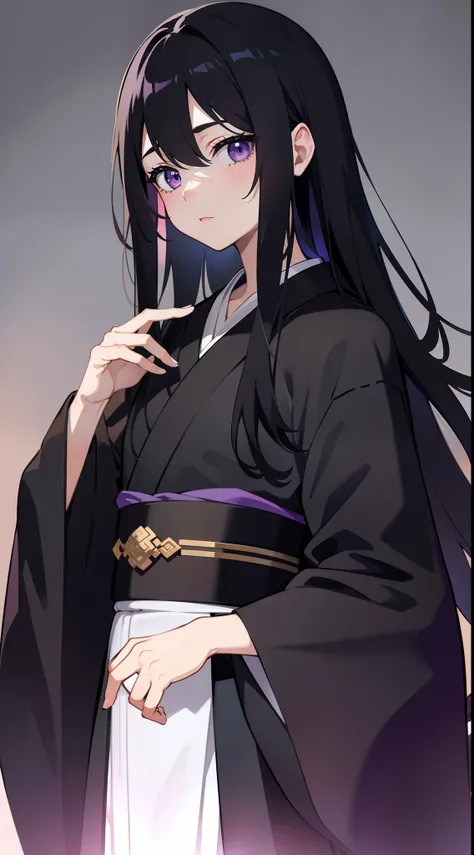 adult man, Long black hair, violet eyes, Thin, black kimono, Masterpiece, hiquality