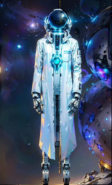 Omnicient android scientist, (Galaxy floating globe instead of a head: 1.9), (wearing a scientist coat: 1.8), (in space), (white android body), (floating galaxy globe over neck), (cool character design), ((god-like artificial inteligence)), ((omnicient)), ...