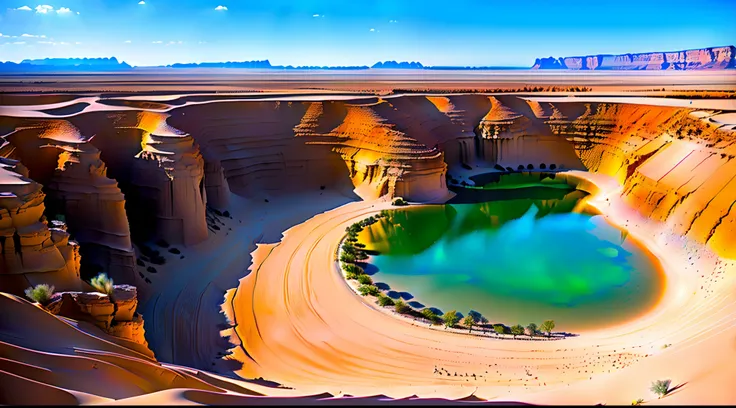 3 d animated movie，Hyper-realistic，Ultra-wide viewing angle，Vast desert，oases，中景 the scene is，super-fine，Detailed pubic hair，stereoscopic perspective，Works of masters，detail in face，super-fine，16K resolution，high qulity，电影灯光，High picture detail，dynamic vie...