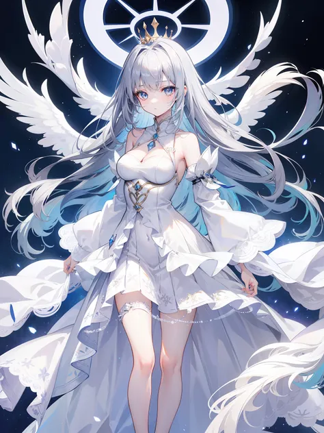 1girl, 164 cm height, tall girl, charismatic, 18 years old, navy colored hair, very long hair, pretty, white silver eyes, glowing eyes, white long bride clothes, long clothes, longs skirt ,diamond pendant, standing, light crown