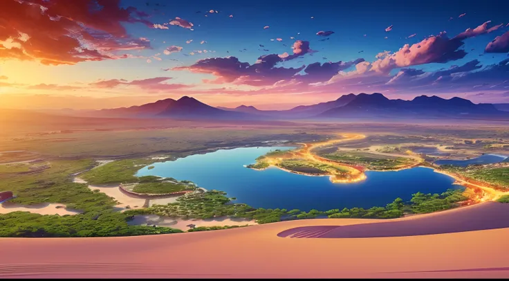 super wide shot，vast desert，a legendary desert oasis，sunset，heart-shaped lake，(zoomout:1.2)，(greenery:1.2)，the fountain，surreali...