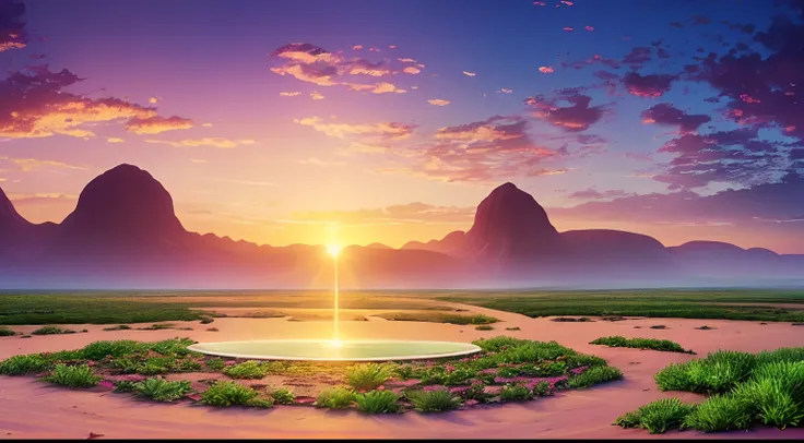 super wide shot，vast desert，a legendary desert oasis，sunset，heart-shaped lake，(zoomout:1.2)，(greenery:1.2)，the fountain，surreali...