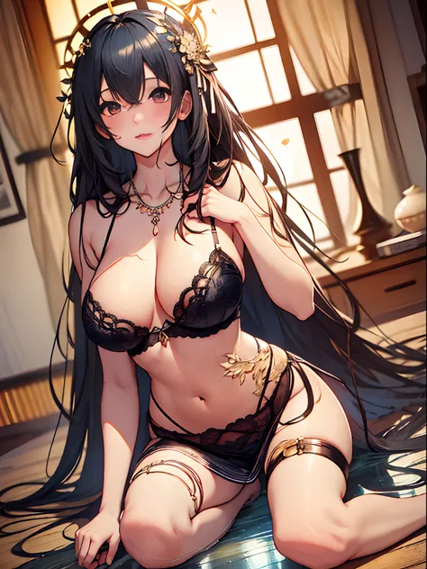 （Enrich the picture，Masterpiece level quality）Beautiful 8K CG artwork，Goddess-like posture，Kneeling exercise，Slim and soft，Translucent skin，Black hair、The beauty of extra-long hair, Super Long Straight Hair，The skin is fair and juicy，Big breasts lingerie m...