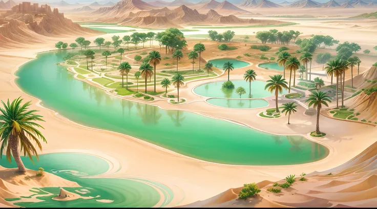 In the boundless sea of sand, an oasis emerges abruptly, with a lake at the center. Tall palm trees grow by the lake, fairies singing and dancing in their shade. Birds eye view of the entire oasis, situated amidst vast desert. Fantastical pastel watercolor...