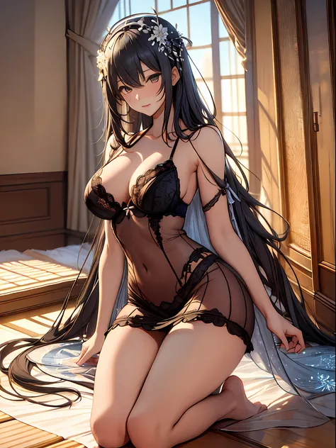 （Enrich the picture，Masterpiece level quality）Beautiful 8K CG artwork，Goddess-like posture，Kneeling exercise，Slim and soft，Translucent skin，Black hair、The beauty of extra-long hair, Super Long Straight Hair，The skin is fair and juicy，Big breasts lingerie m...