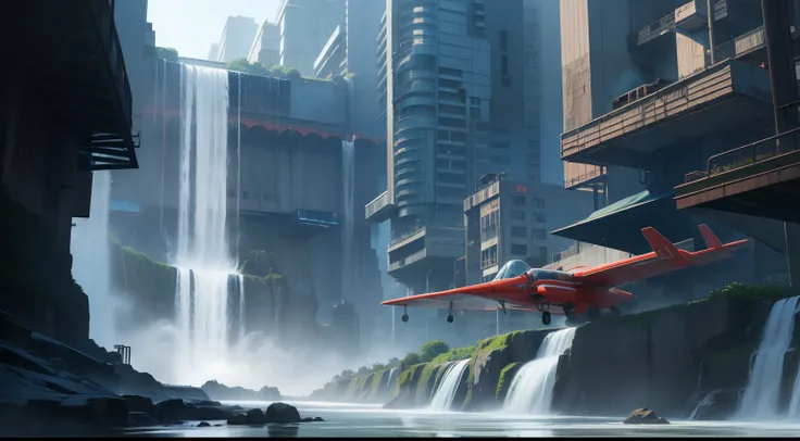 An extra-large waterfall，A cyberpunk city is hidden in the waterfall，There was a plane coming out of the waterfall