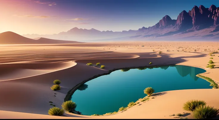 super wide shot，vast desert，a legendary desert oasis，sunset，heart-shaped lake，(zoomout:1.2)，(greenery:1.2)，the fountain，surreali...