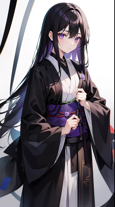 adult man, Long black hair, violet eyes, Thin, black kimono, Masterpiece, hiquality