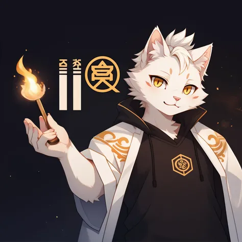 There is a little white kitten holding a golden logo，Face the screen with a cute expression，Yellow eyes，White cat cat paw meat pad