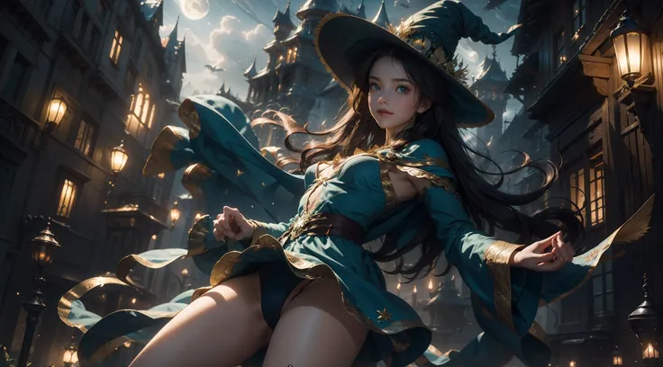 masterpiece, best quality, ultra-detailed, illustration, 1girl, solo, fantasy, dressed only in underwear, flying, broom, night sky, outdoors, magic, spells, moon, stars, clouds, wind, hair, cape, hat, broomstick, glowing, mysterious, enchanting, whimsical,...