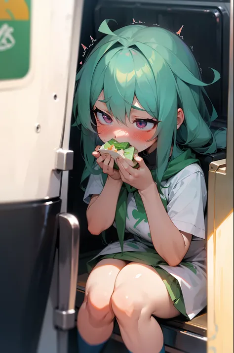 "a blushing and worried waifu being punished to eat at a subway