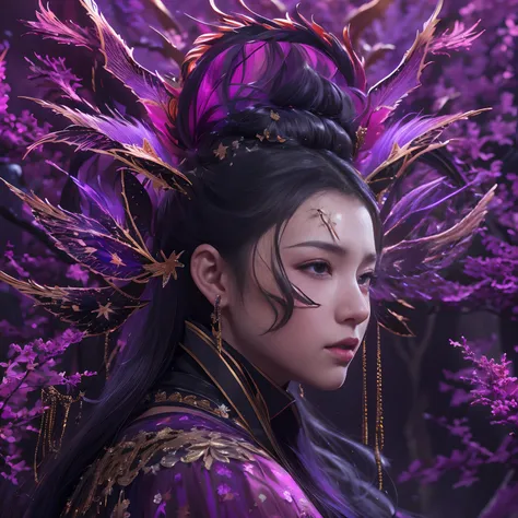 32K（tmasterpiece，k hd，hyper HD，16k）with short black hair，Canyon in the back room，Black burgundian hair girl ，Golden Dragon Protector （realisticlying：1.4），Python robe，Purple-pink tiara，Snowflakes fluttering，The background is pure， A high resolution， the det...