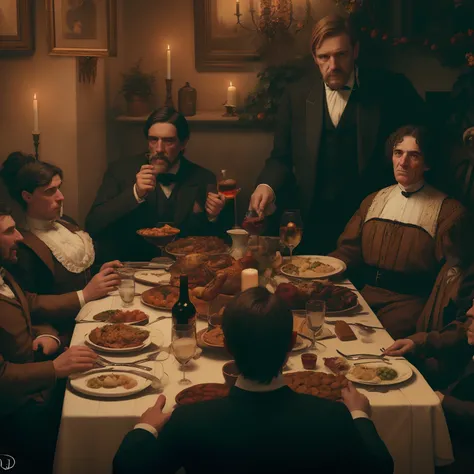 Araffes sentados em uma mesa com um grupo de pessoas ao seu redor, cena de um jantar, victorian thanksgiving feast, inspirado em Ford Madox Brown, kramskoi 4 mil, 2 0 1 8, 2018, Figurinos de Peaky Blinders, Vitoriano, family dinner, estilo vitoriano da ing...