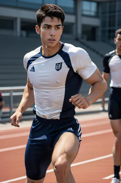 Boys on the track and field，sweat leggs，Photos during exercise，in track outfit，Run，Masculine，Exquisite facial features，virile，musculature，rich facial detail（（The crotch is raised））full bodyesbian