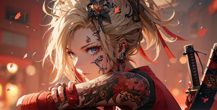 anime girl with tattoos holding a sword and looking at the camera, anime style 4 k, detailed digital anime art, anime art wallpaper 4k, anime art wallpaper 4 k, anime art wallpaper 8 k, anime wallpaper 4 k, anime wallpaper 4k, anime styled digital art, dig...