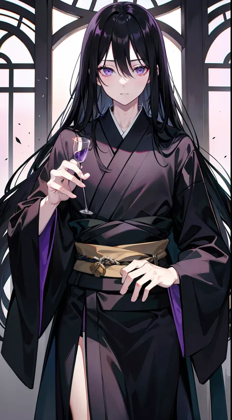 adult man, Long black hair, violet eyes, Thin, black kimono, Masterpiece, hiquality