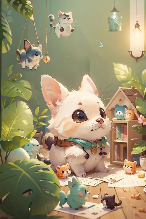 Cute little animals，Inside a dreamy scene，The expression is rich and cute，The color block is clear，There are decorative items around，