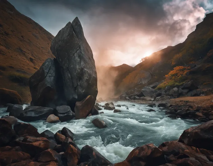 wise old man, sentado em uma pedra escrevendo em sua folha com uma cachoeira ao fundo