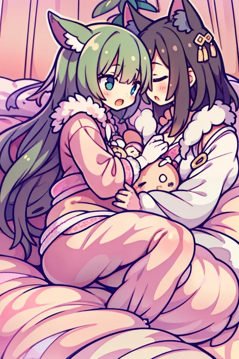 2girls，girl1：bbw、adolable，Black hair，Bob-cut hair，rcasual、Kisses and hugs、stare、lying on the bed、foxes、（French kiss）、body covered with fur,Nanachi、Girl 2：adolable，A pink-haired，Long grey hair，rcasual。Kisses and hugs、stare、NOWAI、foxes、lying on the bed、（Fren...