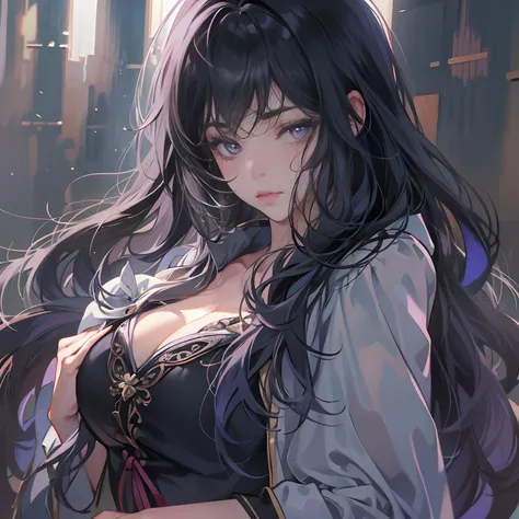 A girl with long black hair，Deep purple eyes，Look at the audience，Lovely clothes，乳溝，pouty，Cute eyes，Full-HD，Lots of detail，Cinematic texture，Light，carefully drawn，atmosphere