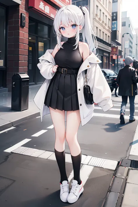 All over a girl standing on the street with double ponytail white hair tight long sleeves striped turtleneck brown short coat off-the-shoulder black high waist belt decoration pleated skirt high top canvas shoes white socks