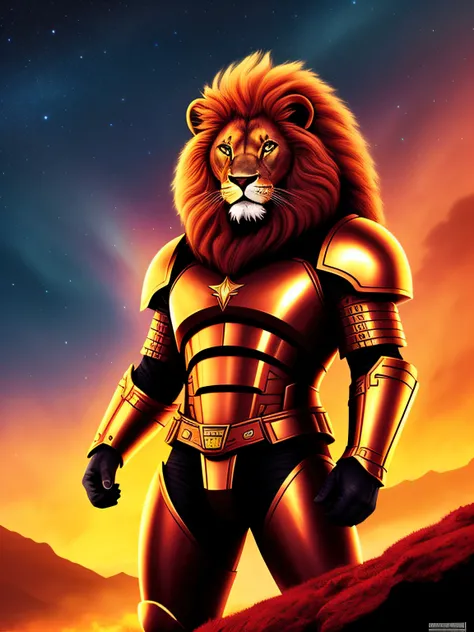 Imposing lion, cetro dourado, capa vermelha, cosmic gladiator, fundo aurora boreal universo