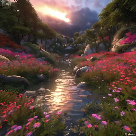 landscape, flowers, bushes, water,(extremely detailed CG unity 8k wallpaper), most beautiful artwork in the world, professional majestic oil painting, intricate, high resolution, Sharp focus, dramatic, photorealistic, painting art, hyper-realistic